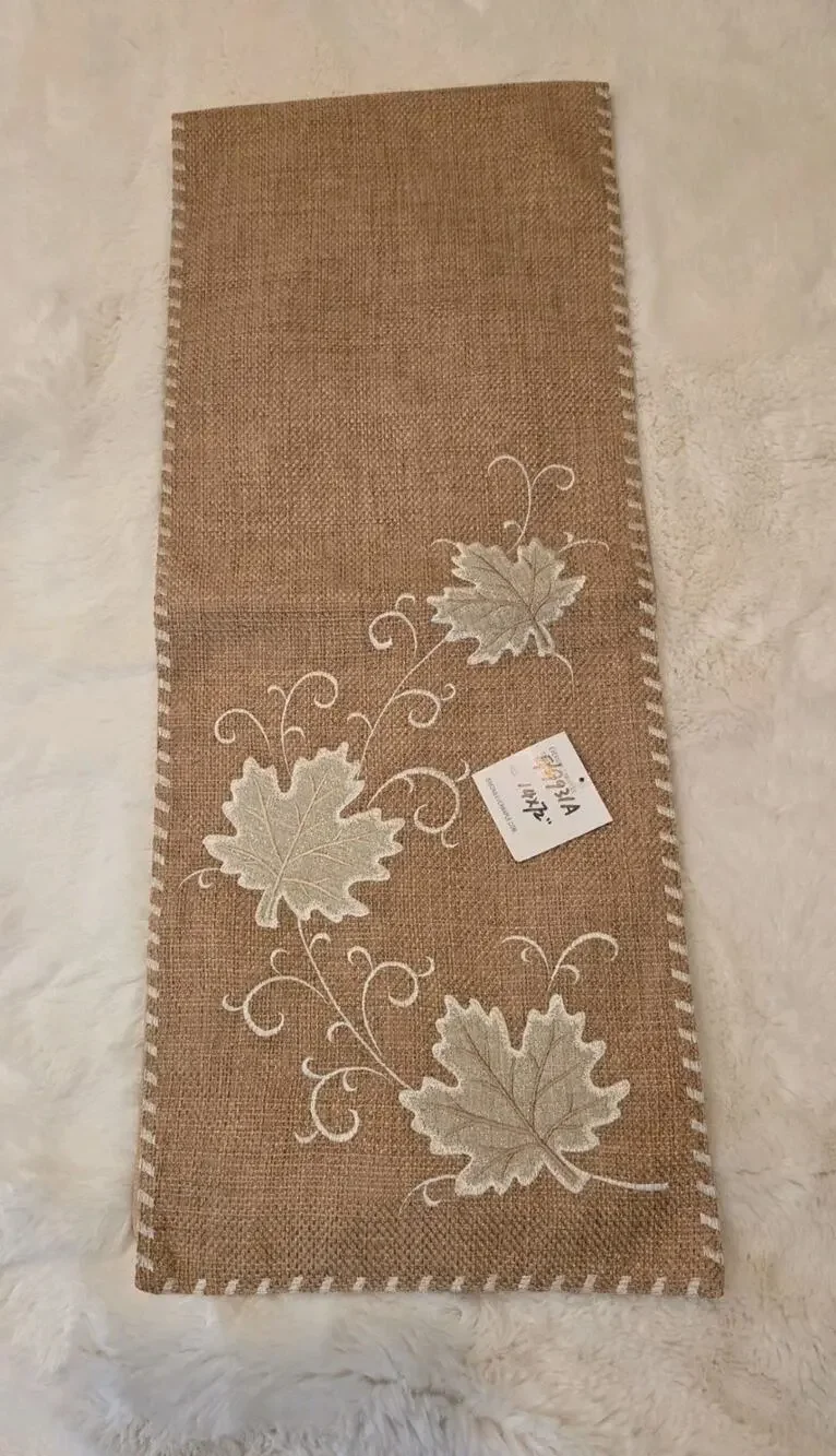 RARE Evermaple Manufacturer Sample Burlap Fall Table Runner 14x72 Embroidered...